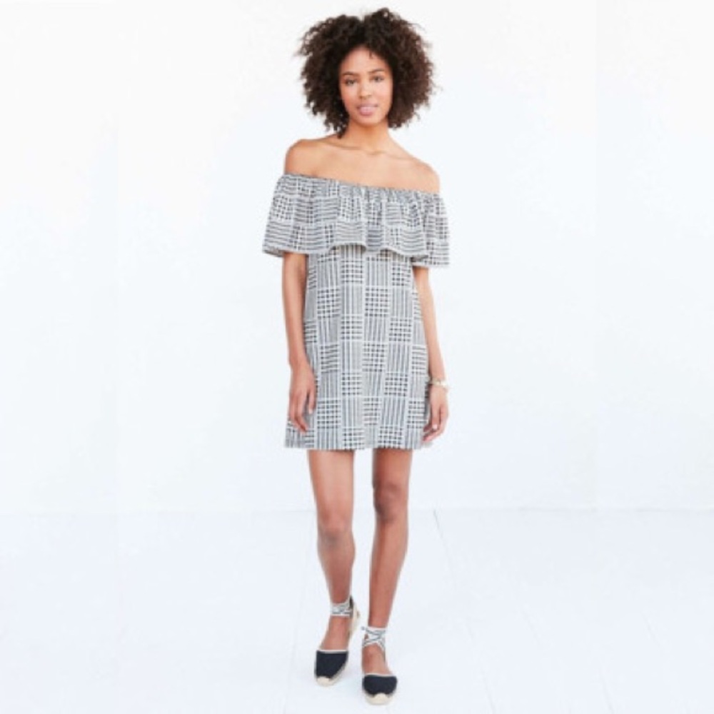 Gingham Off-Shoulder Ruffle Mini Dress Black‎ White Check Small